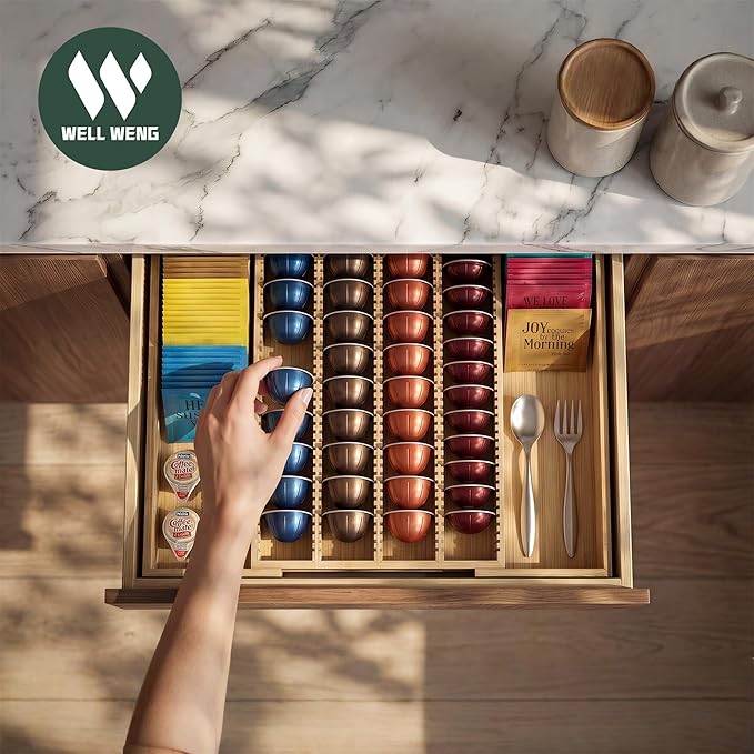 Larger Expandable Bamboo Organizer Holder for Counter Drawer Insert - Compatible with Nespresso Vertuo Capsules - Tea Bags Storage (Natural) 10.8" -19"W x15.67"Dx1.9"H