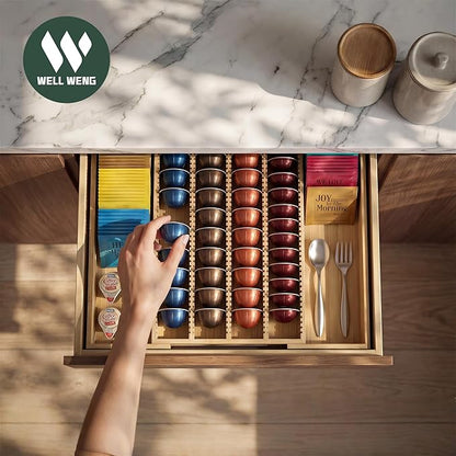 Larger Expandable Bamboo Organizer Holder for Counter Drawer Insert - Compatible with Nespresso Vertuo Capsules - Tea Bags Storage (Natural) 10.8" -19"W x15.67"Dx1.9"H
