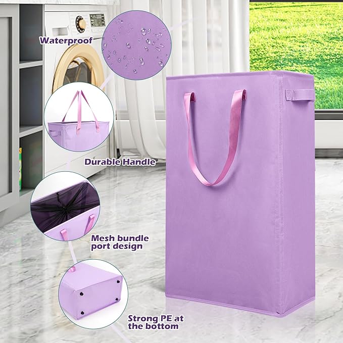 Odonata Slim Laundry Hamper Handles Collapsible Laundry Basket Thin Dirty Clothes Basket Narrow Laundry Bag Foldable Dirty Hamper 45L (Light Purple)