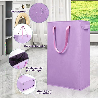 Odonata Slim Laundry Hamper Handles Collapsible Laundry Basket Thin Dirty Clothes Basket Narrow Laundry Bag Foldable Dirty Hamper 45L (Light Purple)