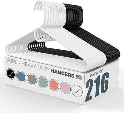 Super Heavy Duty Clothes Hangers 100+ Pack (216 Count) – Made in the USA - 10lb Capacity, Thick Plastic Hangers for Pants, Coats, Jackets, Jeans and Adult Clothing – White & Black