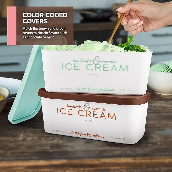 Stock Your Home 64 oz Ice Cream Containers with Airtight Silicone Lids (2-Pack) Homemade Ice Cream Container for Storing Gelato, Sorbet & Frozen Yogurt, Reusable 2 Quart Ice Cream Container with Lids