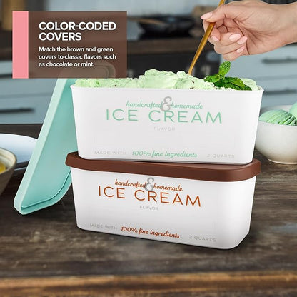 Stock Your Home 64 oz Ice Cream Containers with Airtight Silicone Lids (2-Pack) Homemade Ice Cream Container for Storing Gelato, Sorbet & Frozen Yogurt, Reusable 2 Quart Ice Cream Container with Lids