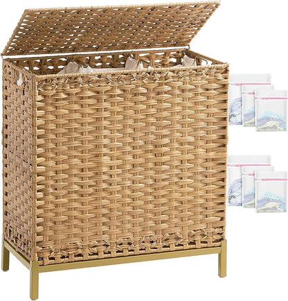 SETVSON Laundry Hamper with Lid 132 L, (35 Gallons) Clothes Hamper with Lid, Handwoven Rattan Laundry Hamper with Metal Heightened Feet, Laundry Hampers with 3 Removable Liner Bags for Laundry-Natural