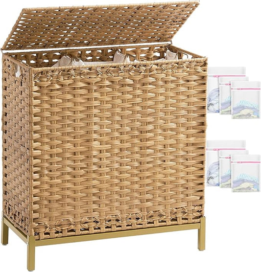 SETVSON Laundry Hamper with Lid 132 L, (35 Gallons) Clothes Hamper with Lid, Handwoven Rattan Laundry Hamper with Metal Heightened Feet, Laundry Hampers with 3 Removable Liner Bags for Laundry-Natural
