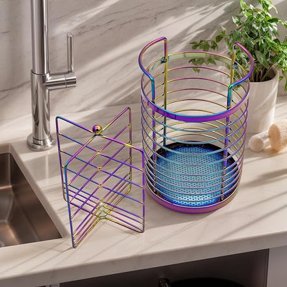 Rainbow Makeup Brush Holder Organizer, 4 Slot Make up Brushes Cup for Cosmetics, Nail Polish, Art Supply, Bathroom Vanity Desktop Organizer, Mesh Storage Caddy Baskets for Holding Knife Fork Spoon