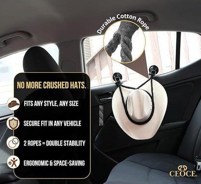 Car Cowboy Hat Holder for Truck – Easy-to-Use, Cotton Rope, Strong Suction Car Hat Holder Cowboy, Western Style – Keeps Gear Safe from Damage. (3-Pack)