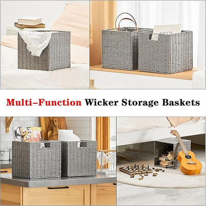 Vagusicc Wicker Basket, Set of 2 Hand-Woven Wicker Storage Basket, Foldable 11 inch Cube Storage Bins, Storage Baskets for Organizing Shelves, Closet Organizers and Storage Bins, Gray (11″×11″×11″)