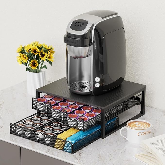 Coffee Pod Holder For Counter, 3 Pull-Out 72 K-Cup Holder Drawer, Wooden Cafe Pods Storage Organizer with Sliding Drawers for Coffee Station, Home, Kitchen, Office, Dorm (Black)