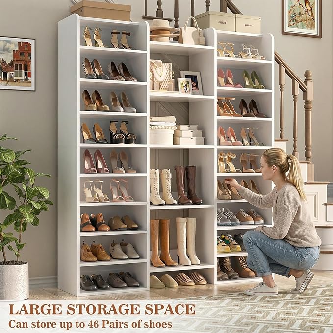 Unikito 14-Tier Shoe Cabinet, Wood Shoe Storage Organizer for Entryway, Freestanding Shoe Rack Cabinet with 22 Open Cubbies for Front Door Entrance, Living Room, Hallway, Bedroom, White