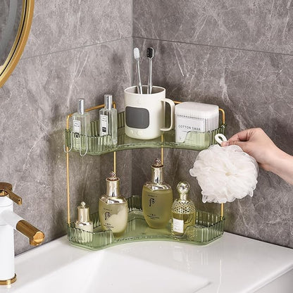 2-Tier Corner Bathroom Organizer Countertop with Hooks, Bathroom Sink Corner Vanity Storage for Makeup, Skincare and Perfume (Green Gold)