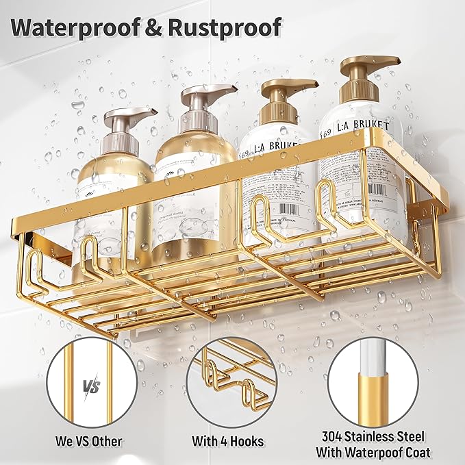 Liuoud 10 Pack Shower Caddy Organizer Rack Shelf for Inside Shower, Self Adhesive Wall Storage Basket Rustproof Stainless Steel Shampoo Holder Bathroom Accessory Decor Set, Gold