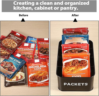 BSTKEY Seasoning Packet Organizer, Food Storage Organizer with Divided 4 Compartments, Metal Storage Caddy for Kitchen Pantry Cabinet, Kitchen Organization Bin for Snacks Spice Packets, Black