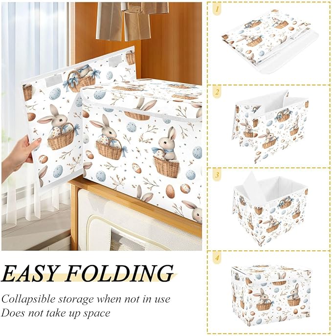 senya Easter Baskets Collapsible Storage Bins with Lids, Watercolor Easter Bunnies Pattern Storage Boxes Clothes Baskets for Organizing