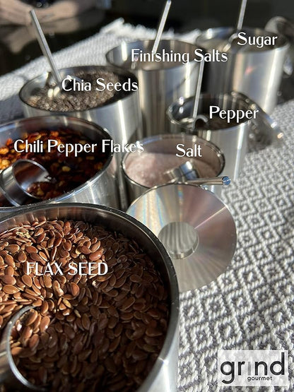 Grind Gourmet Salt Cellar, Spice Jars Stainless Steel, Storage Spice Jars Silver Cellar With Spoon Solid Stainless Steel Holder (Large, Silver)