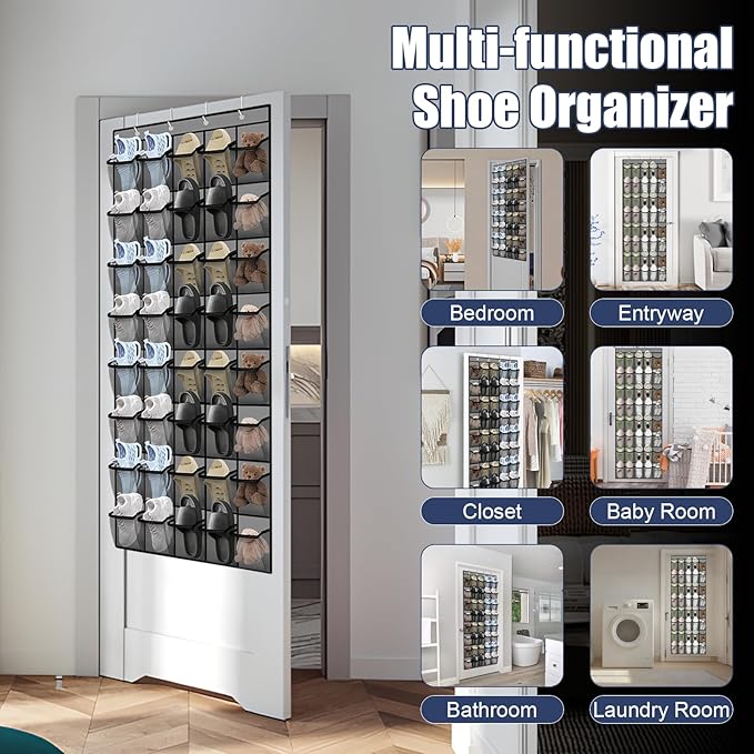 Over the Door Shoe Organizer - 40 Large Breathable Mesh Pockets, Space Saving Hanging Shoe Organizer with Metal Hooks, Hanging Shoe Rack for Men's and Women's Shoes (Grey)