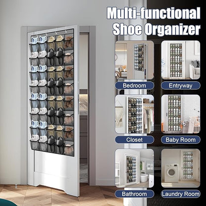 Over the Door Shoe Organizer - 40 Large Breathable Mesh Pockets, Space Saving Hanging Shoe Organizer with Metal Hooks, Hanging Shoe Rack for Men's and Women's Shoes (Grey)