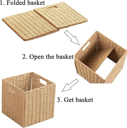 Foldable Storage Baskets with Handles Paper Rope Storage Baskets Rectangle Collapsible Hand Woven Storage Cubes Bins for Organizing Shelves Living Room Bedroom Pantry (4, 13'' x 13'' x 13'')