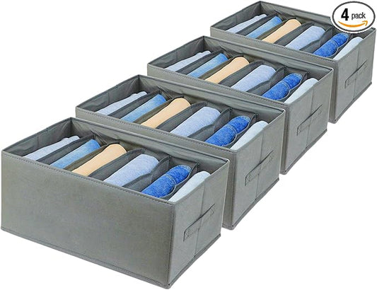 Fordonral Extra Large Clothes Closet Organizer 6 Compartments for Jean Sweater Sheets to Shirt - Divided Clothing Storage Boxes for Closet, Wordrobe, Bedroom, Shelf (4pc Gray)