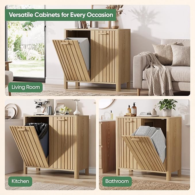 Double Tilt Out Laundry Hamper Cabinet, 11.8 Gallon Gradien Fluted Hidden Trash Cabinets with 2 Baskets for Bathroom Kitchen & Living Room, Freestanding Bathroom Storage Cabinet（Natural Oak）