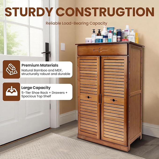 5 Tier Shoe Cabinet with Drawer, Bamboo Shoe Cabinet Organizer with Door, Retro Entryway Shoe Storage Cabinet for Closet, Living Room, Bedroom, Hallway, Doorway