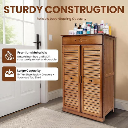 5 Tier Shoe Cabinet with Drawer, Bamboo Shoe Cabinet Organizer with Door, Retro Entryway Shoe Storage Cabinet for Closet, Living Room, Bedroom, Hallway, Doorway