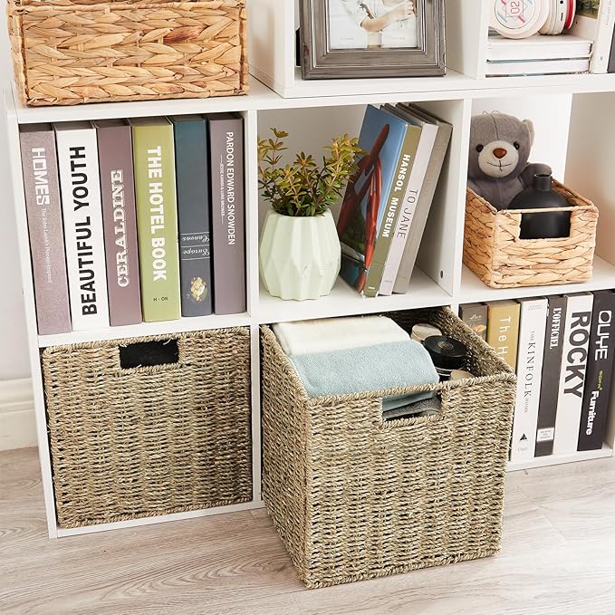 Vagusicc Wicker Storage Basket, Set of 2 Seagrass Storage Baskets, 13 Inch Foldable Wicker Basket Square Cube Storage Bins Storage Baskets for Organizing Shelf Baskets, 13''x13''x13''