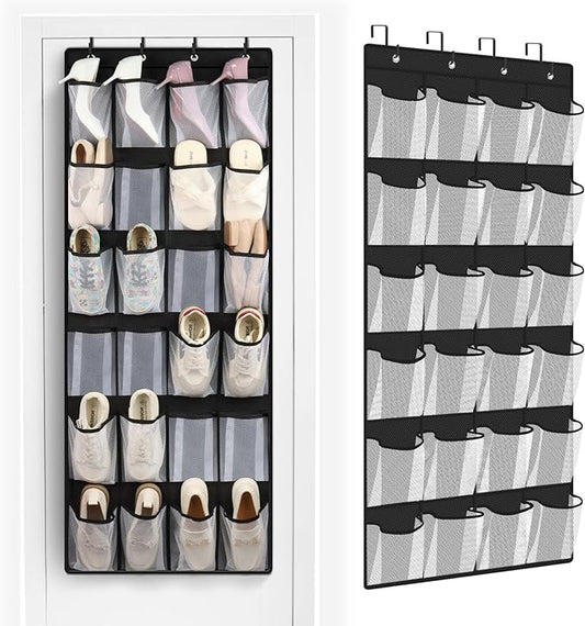 FENTEC 24 Large Pockets Over Door Shoe Organizer, Mesh Hanging Shoe Organizer for Closet Mesh Closet Holder, Back of Door Organizer for Cruise Ships, Rack for Wall, Black, 1 Pack