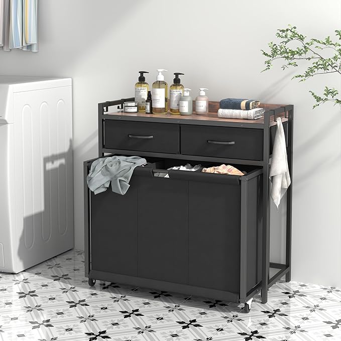 STIKELY Laundry Hamper Laundry Basket with 3 Section Pull-Out Rolling Bags, Laundry Sorter for Organization and Storage with 2 Pull-Out Drawers for Laundry Room, Bathroom, Bedroom Use (Rustic Brown)