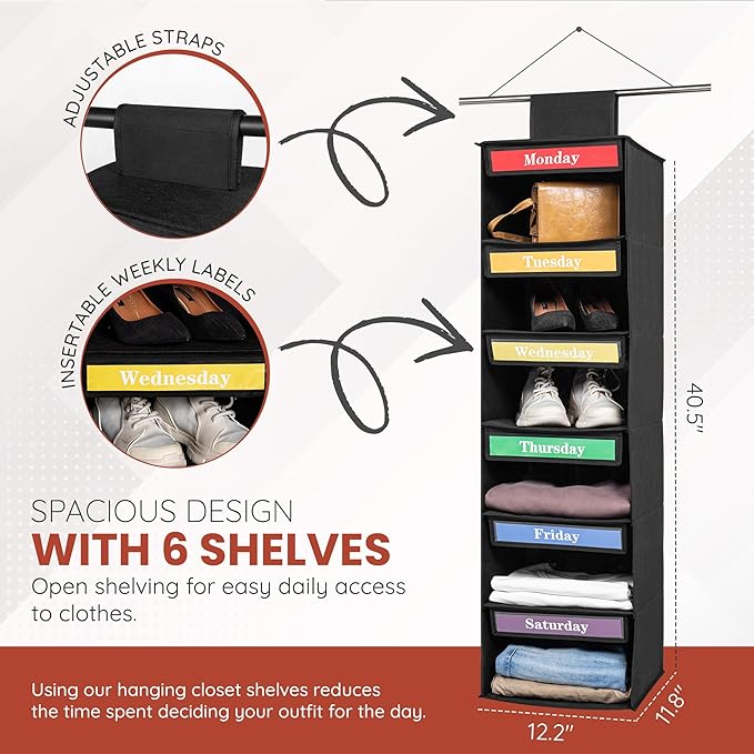 6-Day Adult & Kids Hanging Closet Organizer and Storage | Monday-Saturday Days of The Week Clothes Organizer | Space-Saving | Mornings Made Easy by Creative Dad