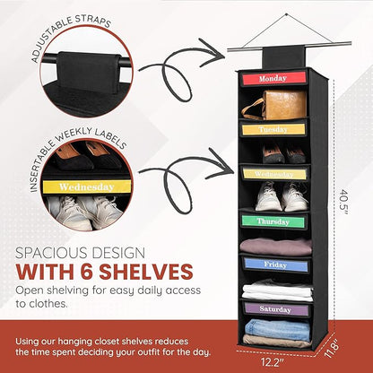 6-Day Adult & Kids Hanging Closet Organizer and Storage | Monday-Saturday Days of The Week Clothes Organizer | Space-Saving | Mornings Made Easy by Creative Dad