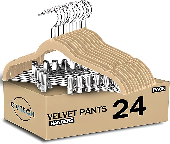 GVTECH Velvet Hangers with Clips, [24 Pack] Metal Clip Hangers for Pants - Notched Skirt Hangers for Pants, Skirts, Suit, Dresses & Shirts 360° Swivel Hook, Non Slip Felt Hanger (Beige, 24 Pack)