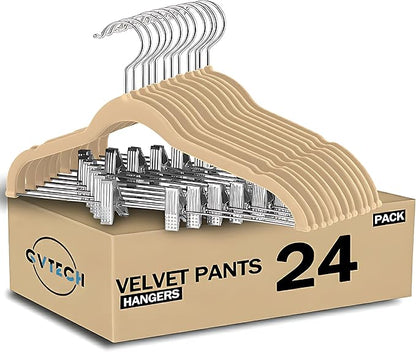 GVTECH Velvet Hangers with Clips, [24 Pack] Metal Clip Hangers for Pants - Notched Skirt Hangers for Pants, Skirts, Suit, Dresses & Shirts 360° Swivel Hook, Non Slip Felt Hanger (Beige, 24 Pack)