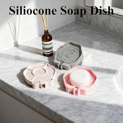 3PC Self-Draining Silicone Soap Dish, Soap Holder/Tray/Saver for Shower, Bathroom, Kitchen, Bathtub, Keep Soap Dry and Easy to Clean (Light Color)