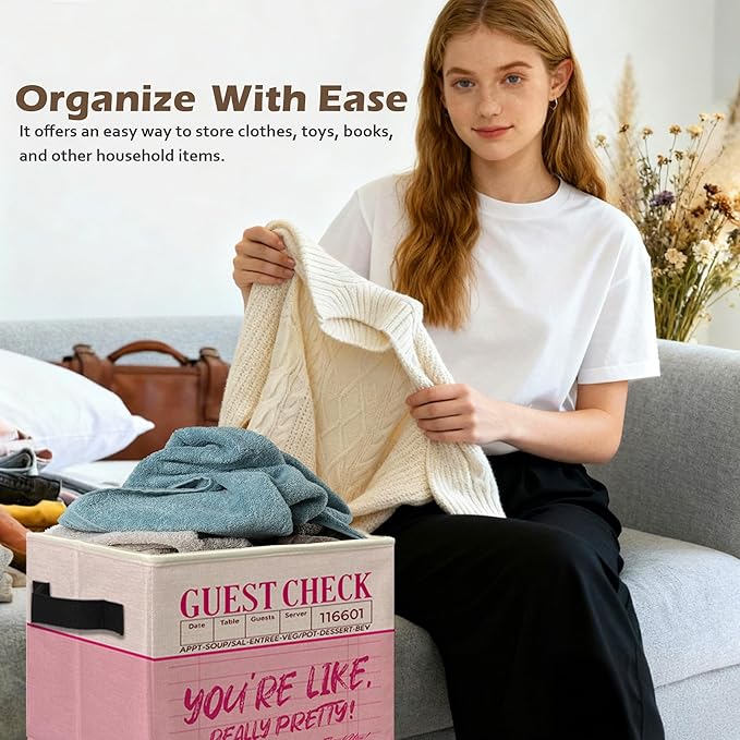 Trendy Preppy Pink Storage Box Bins, You're Like Really Pretty Guest Check Collapsible Storage Basket Organizer for Girls Room Laundry Room Apartment Clothes Books, Decor for Room