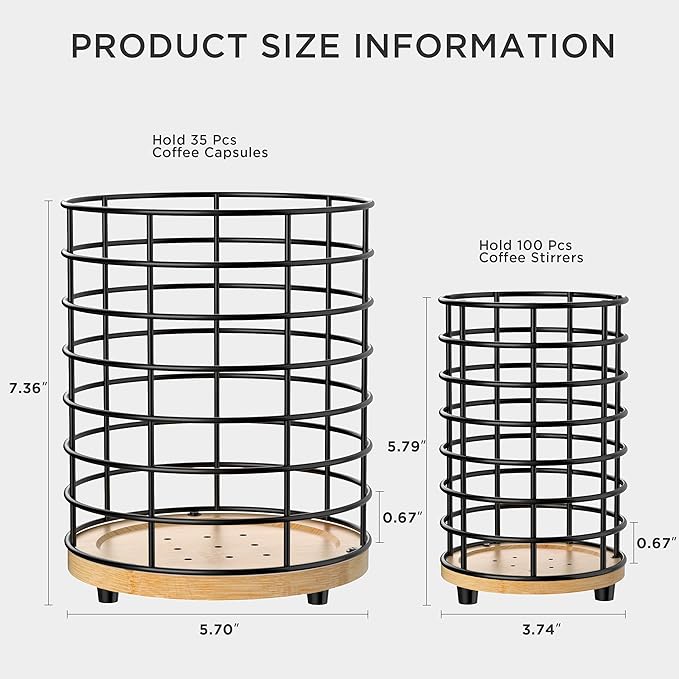 HBlife Coffee Pod Holder & Coffee Stirrers Holder Set, Metal and Wooden Coffee Bar Accessories Large Capacity Kitchen Counter Decor for Keurig K cup & Nespresso Vertuo (Black Wire)