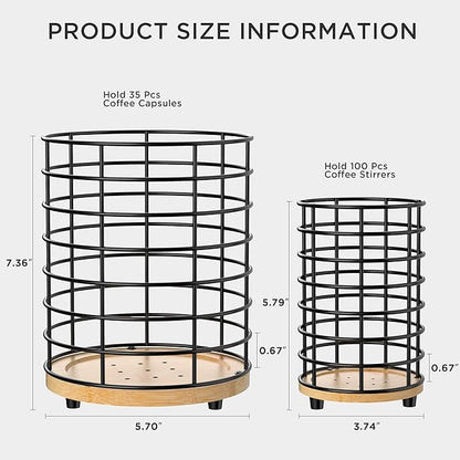 HBlife Coffee Pod Holder & Coffee Stirrers Holder Set, Metal and Wooden Coffee Bar Accessories Large Capacity Kitchen Counter Decor for Keurig K cup & Nespresso Vertuo (Black Wire)