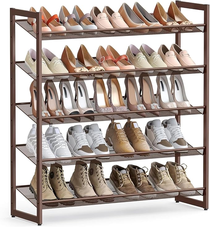 SONGMICS HOME 5-Tier Stackable Shoe Rack, Metal Shoe Organizer for Closet, Entryway, Garage, Flat or Slanted Mesh Shelves, Brown