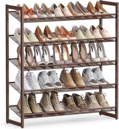 SONGMICS HOME 5-Tier Stackable Shoe Rack, Metal Shoe Organizer for Closet, Entryway, Garage, Flat or Slanted Mesh Shelves, Brown