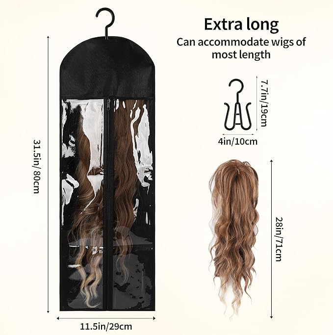 12PCS Wig Storage Bags with Hanger for Multiple Wigs& Hair Extensions Dust-Proof, Breathable, Transparent PVC Window, Foldable Travel Solution