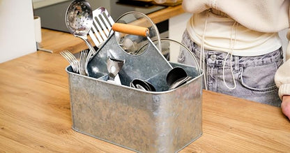 Plexon Metal Utensil Caddy With Handle - Farmhouse Rustic Kitchen Utensil Holder for Party Picnic Table Garden - Tool Cutlery Flatware Silverware Caddy Organizer Storage, Silver