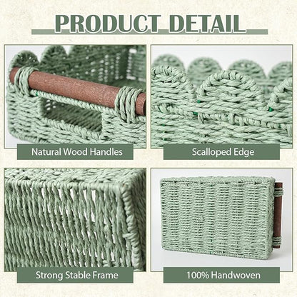 Set of 2 Toilet Paper Storage, Handwoven Small Scalloped Basket with Built-in Handles, Wicker Basket for Home, Living Room(Green)