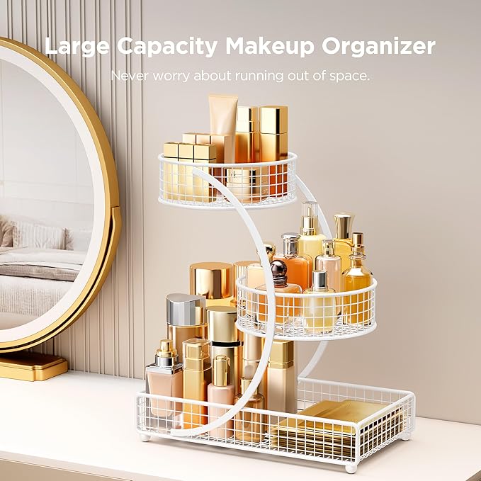 HBlife Makeup Organizer for Vanity, 3 Tier Metal Bathroom Countertop Organizers Skin Care Storage, Bathroom Counter Shelf Skincare Holder Perfume Cosmetic Display, White