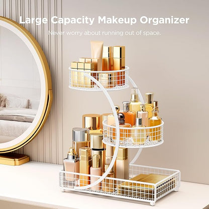 HBlife Makeup Organizer for Vanity, 3 Tier Metal Bathroom Countertop Organizers Skin Care Storage, Bathroom Counter Shelf Skincare Holder Perfume Cosmetic Display, White
