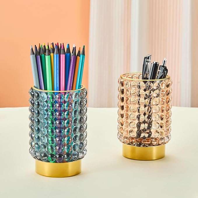 Makeup Brush Holder Organizer,Toothbrush Holders,Desk Pen Pencil Holder,Multifunctional Vintage Glass Brush Cup(A38-11-US/Dark Green/L)