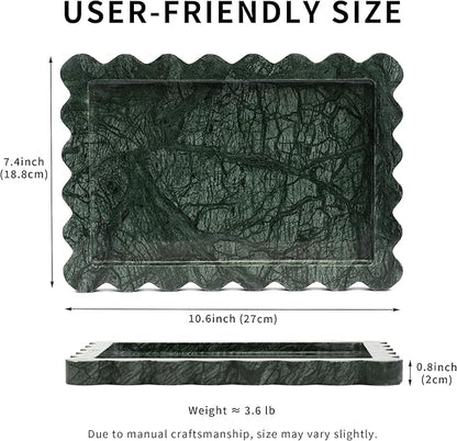 Scalloped Green Marble Tray - Large Home Decorative Stone Vanity Perfume Candle Plates for Bathroom Accessories Coffee Table, Key Dish for Kitchen Countertop Entryway (10.6" x 7.4" x 0.8")