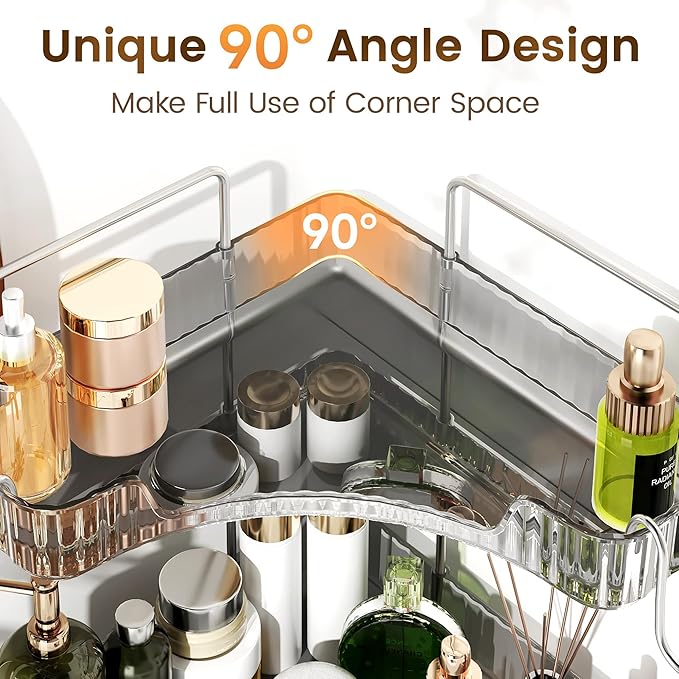 3-Tier Corner Organizer with Hooks, Gray PET Counter Storage | Multi-Purpose for Bathroom Skincare & Kitchen Organization