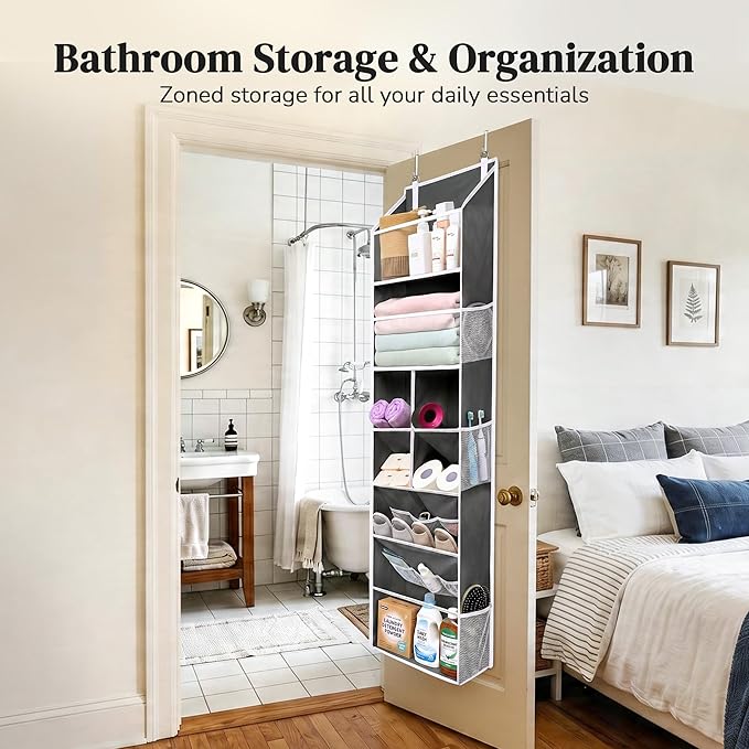 6-in-1 Over Door Hanging Organizer, Versatile Storage Over Door Organizer with 12 Mesh Pockets, 44 lbs Weight Capacity Hanging Storage Organizer for Bedroom, Bathroom,Behind Door,Deep Gray