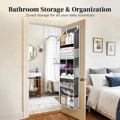 6-in-1 Over Door Hanging Organizer, Versatile Storage Over Door Organizer with 12 Mesh Pockets, 44 lbs Weight Capacity Hanging Storage Organizer for Bedroom, Bathroom,Behind Door,Deep Gray