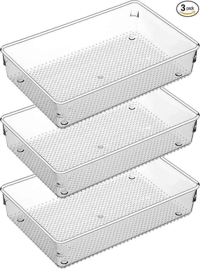 3 Set Clear Plastic Junk Drawer Organizer Vanity Curlery Utensil Makeups Organizer for Kitchen 6" X9''